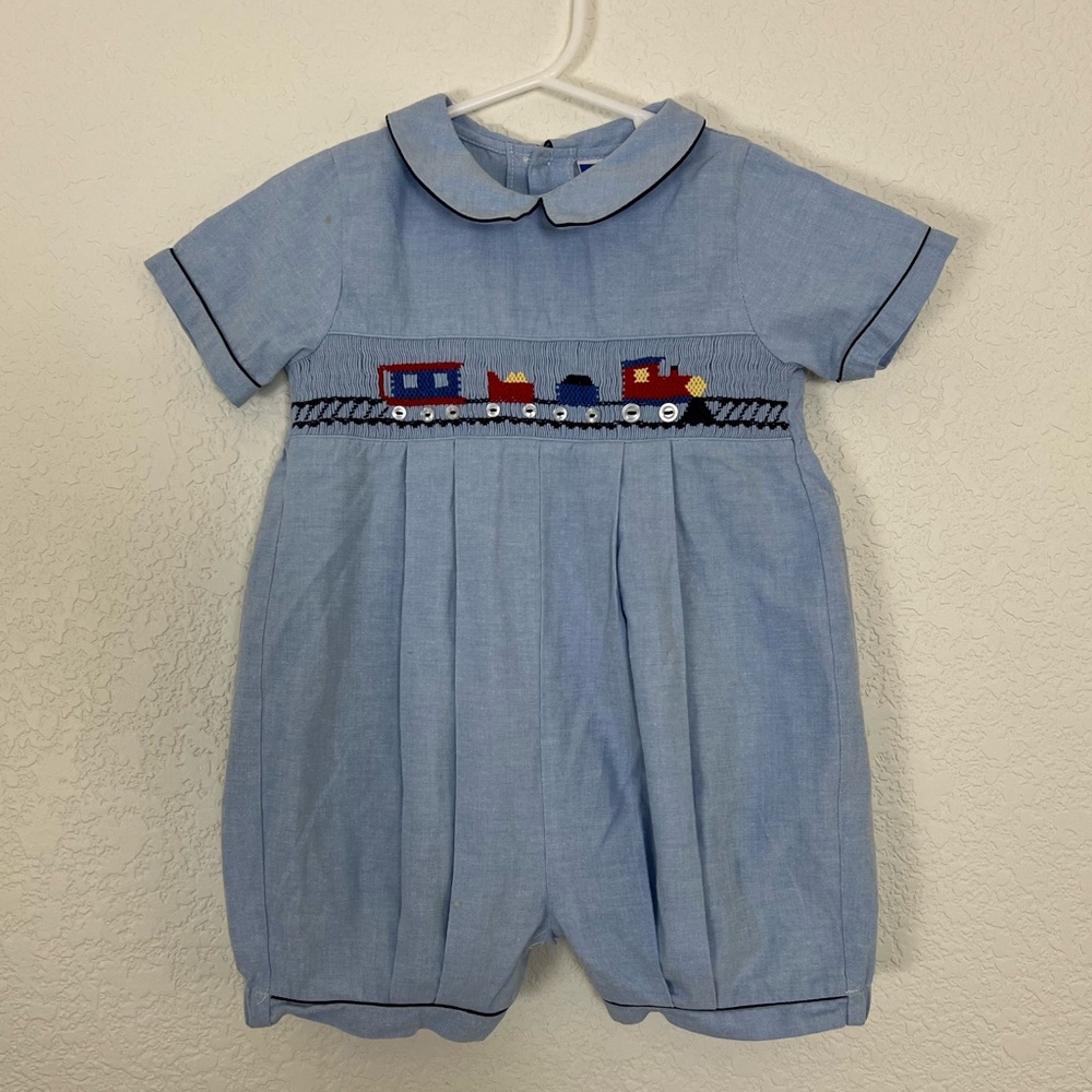 Toddler boys vintage smocked train romper size 24m